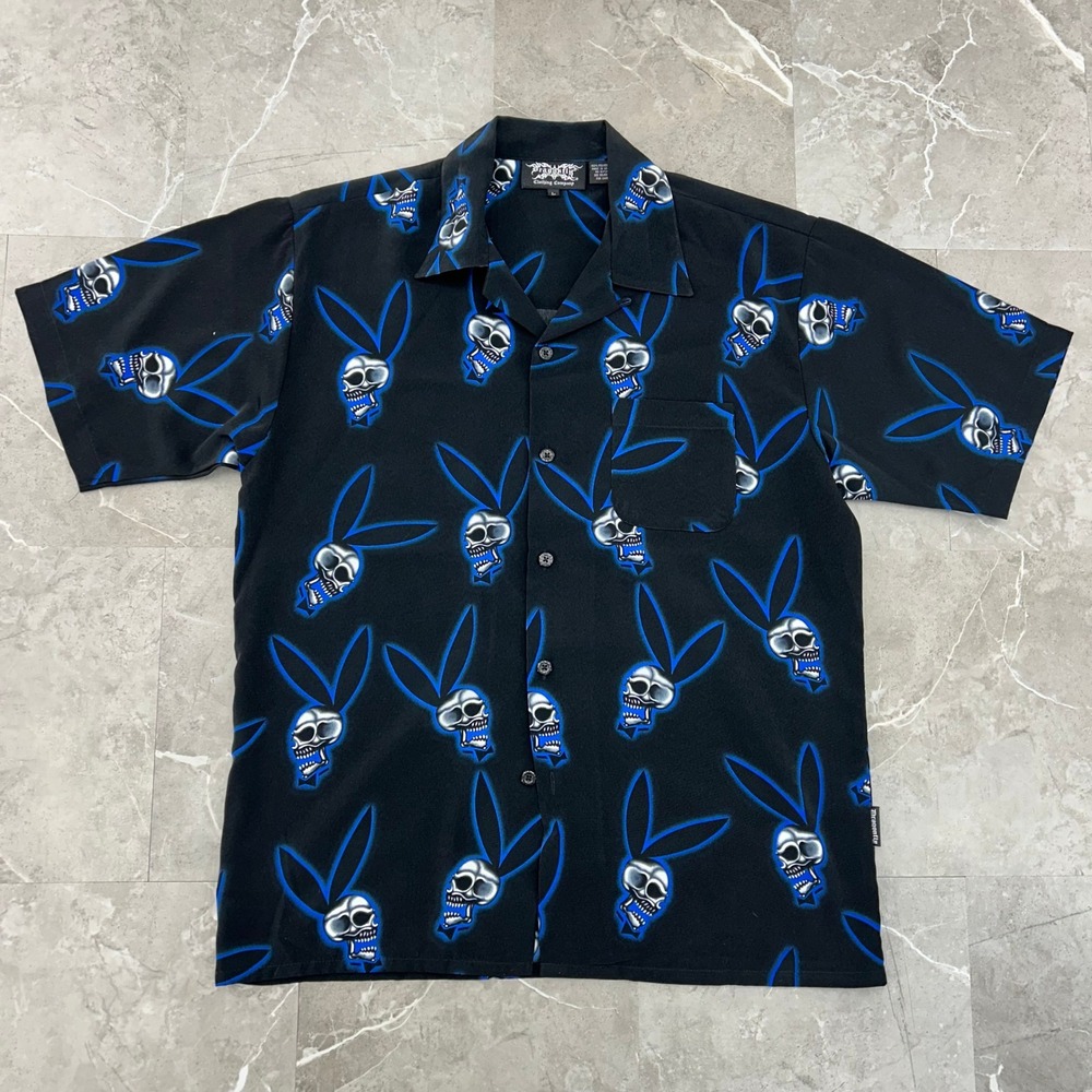 Dragonfly Biker Shirt Mens Large Playboy Bunny Skull Camp Bowling Button Up
